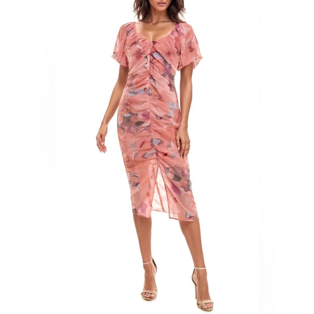 Socialite Pink Floral Ruched Puff Sleeve Midi Dress Size XS